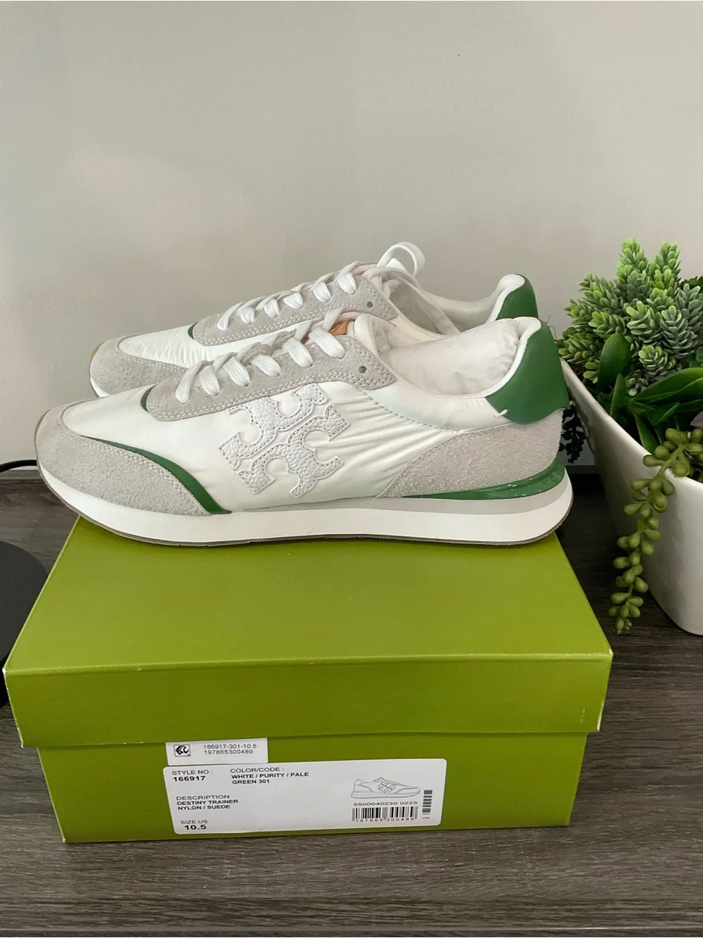 White & Green Leather Suede Sneakers